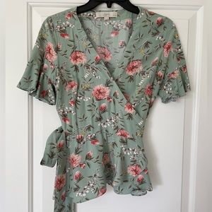 LOFT green floral wrap top - size XSP